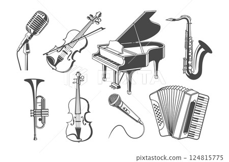 Musical instruments icons set. Piano, violin, saxophone, trumpet, accordion, microphone. Illustration, silhouettes. 124815775