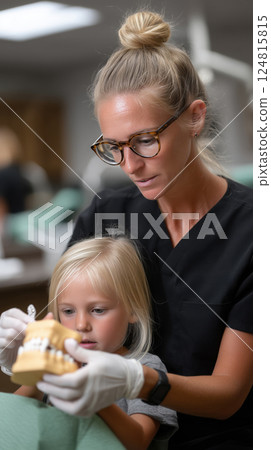 dentist explaining dental hygiene to child in colorful pediatric dental office 124815815