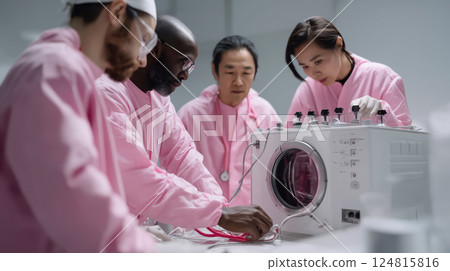 diverse team of scientists in pink lab coats working on advanced medical equipment 124815816