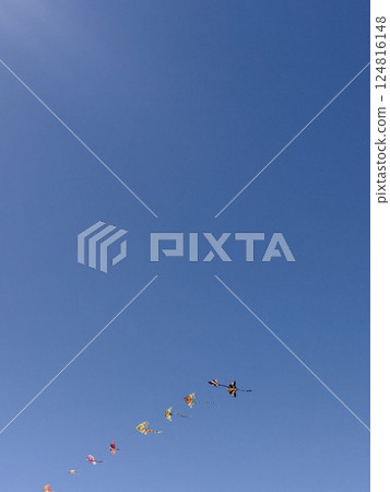 Colorful kite flying above sandy beach, bright blue sky backdrop capturing summer leisure moment in coastal italian destination 124816148