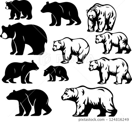 A set of black and white bear silhouettes A set of black and white bear silhouettes 124816249