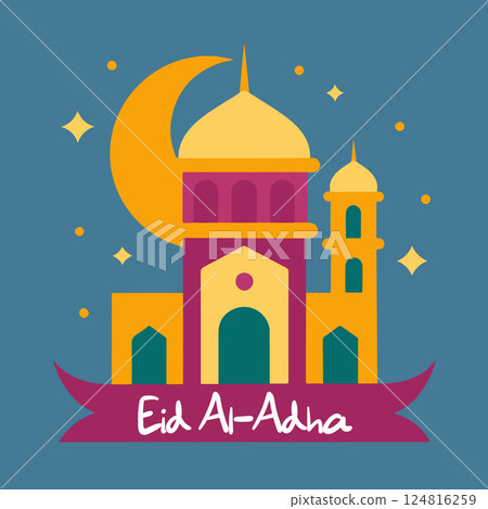 A colorful building with a moon in the background A colorful building with a moon in the background 124816259