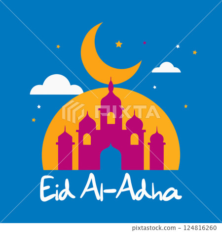 A blue and orange poster with a castle and a crescent moon 124816260