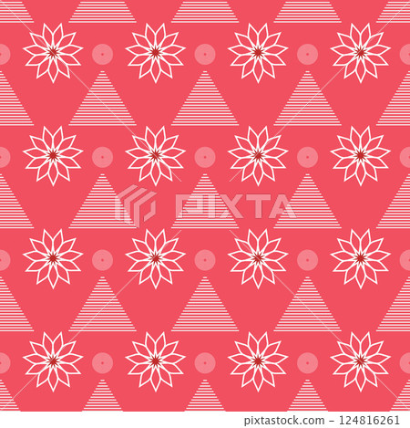 A red and white floral pattern with white flowers and triangles 124816261