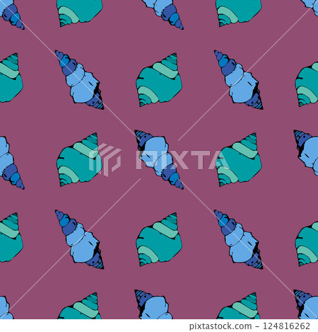 A pattern of blue and green shells on a pink background 124816262