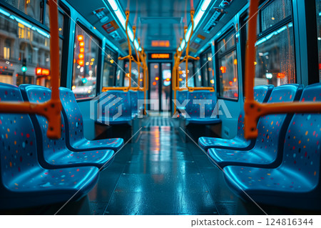 A bus interior featuring vibrant neon lights and comfortable blue seats 124816344
