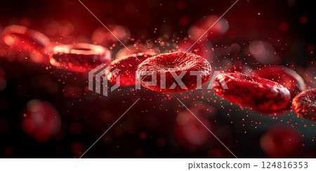 Red blood cells flying in the air in a scientific laboratory setting 124816353