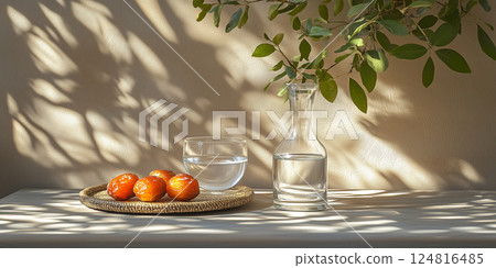 Dates, water, and sunlight, a minimalist iftar setting for ramadan copy space Dates, water, and sunlight, a minimalist iftar setting for ramadan copy space 124816485