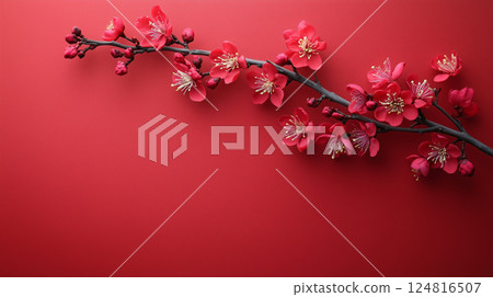 A peach blossom branch with vibrant flowers symbolizes prosperity on a red backdrop copy space A peach blossom branch with vibrant flowers symbolizes prosperity on a red backdrop copy space 124816507
