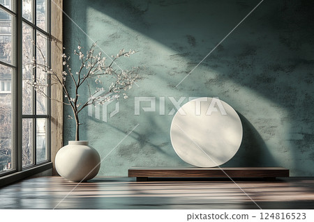 Empty circle frame leaning on wooden shelf in modern minimalist interior design. Copy space, mockup 124816523