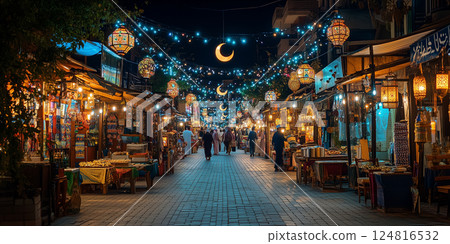 People strolling down decorated street market during ramadan night People strolling down decorated street market during ramadan night 124816532
