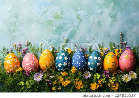 Decorative Easter eggs adorned with flowers for festive spring celebrations copy space 124816537