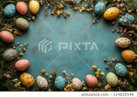 Colorful Easter eggs and floral decor for a family gathering in 2025 copy space 124816546