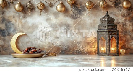 Ramadan still life composition with dates, lantern and golden decorations copy space 124816547