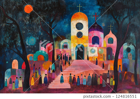 Orthodox Easter celebration depicted in a child's imaginative drawing for 2025 124816551