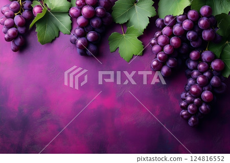 Fresh purple grapes with green leaves on a textured magenta background. Copy space 124816552