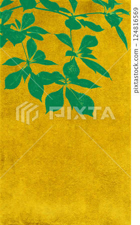 A Japanese-style silhouette art with realistic leaves painted in gold leaf. 124816569