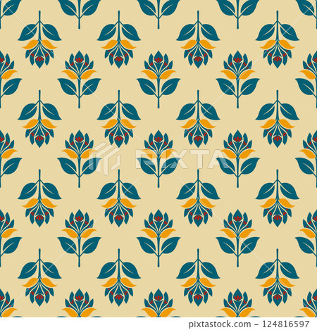 A pattern of flowers and leaves in a blue and yellow color scheme A pattern of flowers and leaves in a blue and yellow color scheme 124816597
