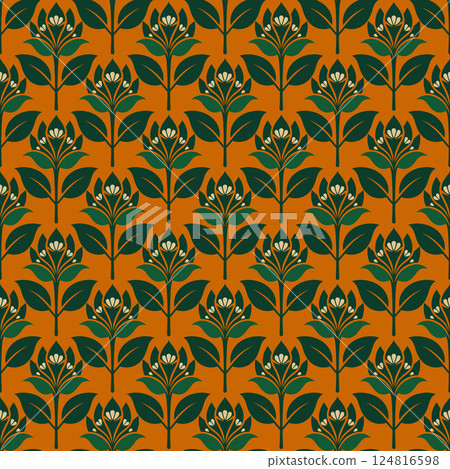 A pattern of green leaves and flowers is displayed on an orange background A pattern of green leaves and flowers is displayed on an orange background 124816598