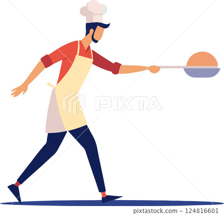 A man in a chef's hat is holding a pan and a spatula A man in a chef's hat is holding a pan and a spatula 124816601