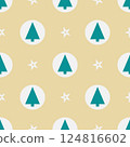 A pattern of Christmas trees and stars is displayed on a tan background 124816602