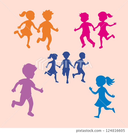 A group of children are running and holding hands A group of children are running and holding hands 124816605