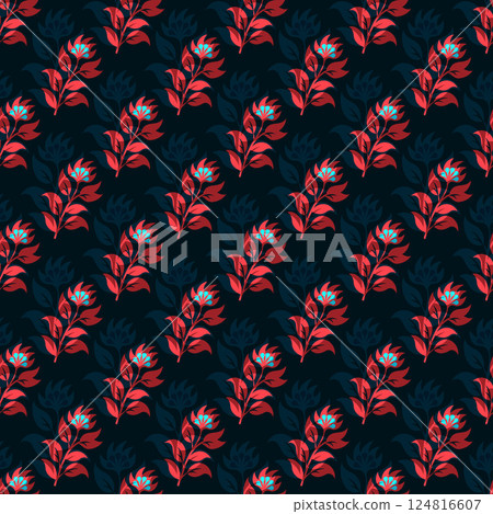 A blue and red floral pattern is displayed on a black background A blue and red floral pattern is displayed on a black background 124816607