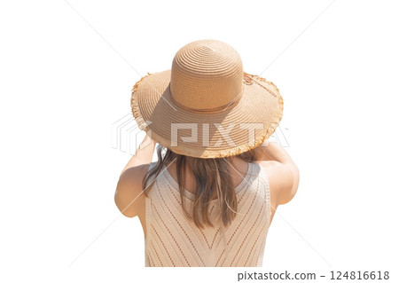 Woman Female traveler photographer in a straw hat. She's taking pictures. Rear view, from the back, isolate on a white background. 124816618