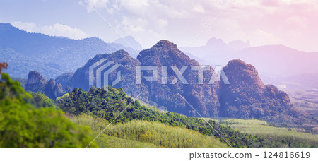 Mountains and tropical forest of Thailand - beautiful classic panorama view of the landscape in Khao Sok Park. The concept is a passion for traveling in Southeast Asia 124816619