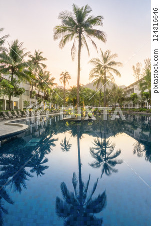 A pool and a large palm tree in a luxury hotel photo in the tropics. Armchairs, umbrellas and the sea are all you need for the best vacation in Thailand. A pool and a large palm tree in a luxury hotel photo in the tropics. Armchairs, umbrellas and the sea are all you need for the best vacation in Thailand. 124816646