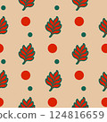 A pattern of leaves and red circles on a tan background 124816659