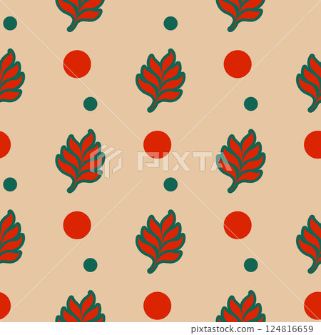 A pattern of leaves and red circles on a tan background 124816659