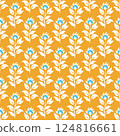 A yellow and white floral pattern with blue flowers 124816661