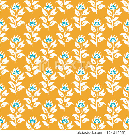 A yellow and white floral pattern with blue flowers A yellow and white floral pattern with blue flowers 124816661