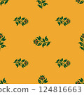 A yellow background with green leaves and flowers 124816663