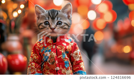 A small pet dressed in festive clothing enjoys the Chinese New Year celebration amidst decorations 124816696