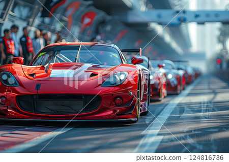 Racing cars lined up on the race track waiting for the start, front view 124816786