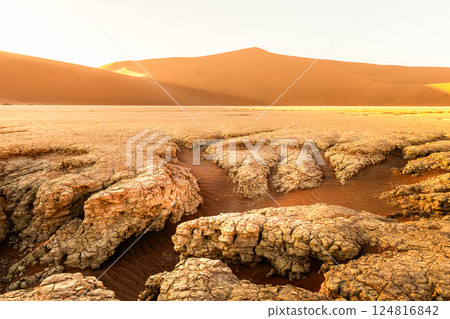 Sunrise on sapless desert in Deadvlei valley Sunrise on sapless desert in Deadvlei valley 124816842