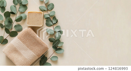 items for a relaxing spa experience featuring eucalyptus and natural soap Mocha Mousse colored 124816993