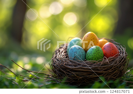 Colorful Easter eggs in a nest ready for a family egg hunt celebration in spring copy space 124817071