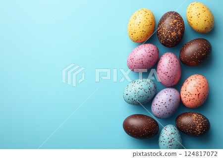 Celebrating Easter traditions with colorful chocolate eggs for 2025 festivities copy space 124817072