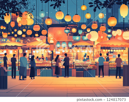 People shopping at night market during ramadan, lanterns hanging overhead 124817073