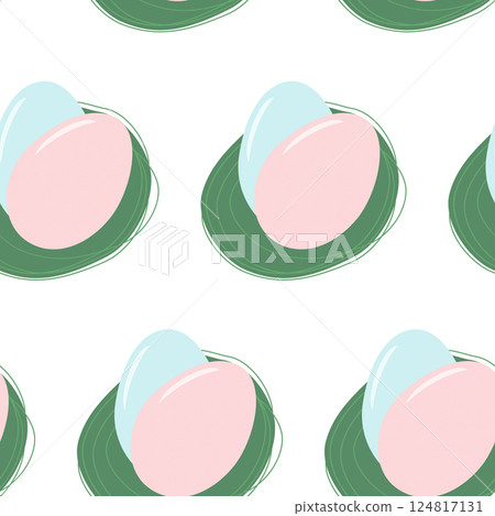 Pink and Blue Eggs on green spots Seamless Pattern. Nesting Party or Easter holiday Background idea Pink and Blue Eggs on green spots Seamless Pattern. Nesting Party or Easter holiday Background idea 124817131