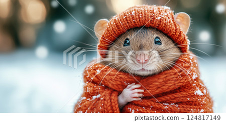 rat is dressed in a cozy orange scarf for Valentine's Day with a snowy backdrop copy space rat is dressed in a cozy orange scarf for Valentine's Day with a snowy backdrop copy space 124817149