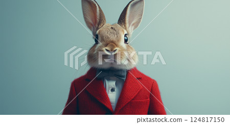 A charming rabbit in a red suit is ready for Easter against a white background copy space 124817150