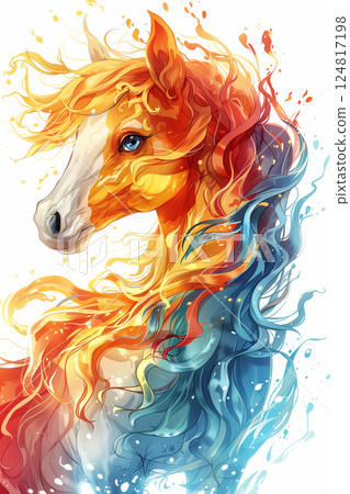 A painting featuring a horse with a vibrant, multicolored mane 124817198