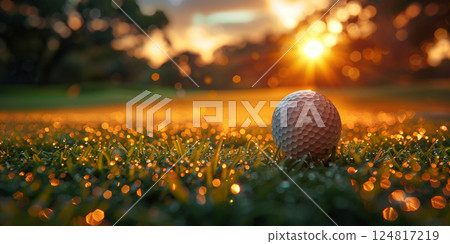 A golf ball rests atop a vibrant green field 124817219