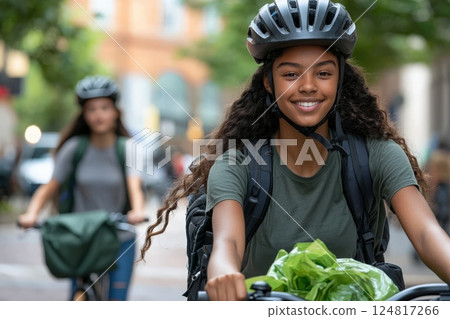 Two cyclists ride through a lively urban area on a bright day. One girl smiles while holding fresh greens in a basket, showcasing the joy of delivering groceries. 124817266