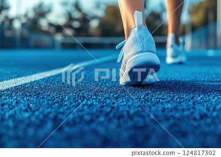 A close view of a runners foot in white sneakers striking the blue track during a training session. 124817302