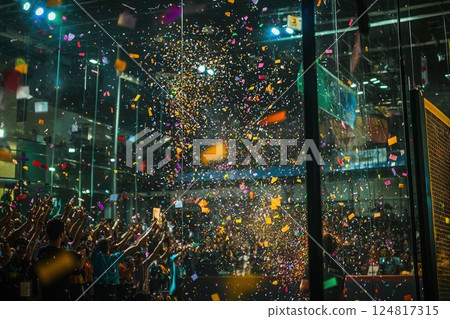 A vibrant crowd cheers and waves their hands in excitement as colorful confetti falls from above during a lively sports competition. The atmosphere is electric with energy. 124817315
